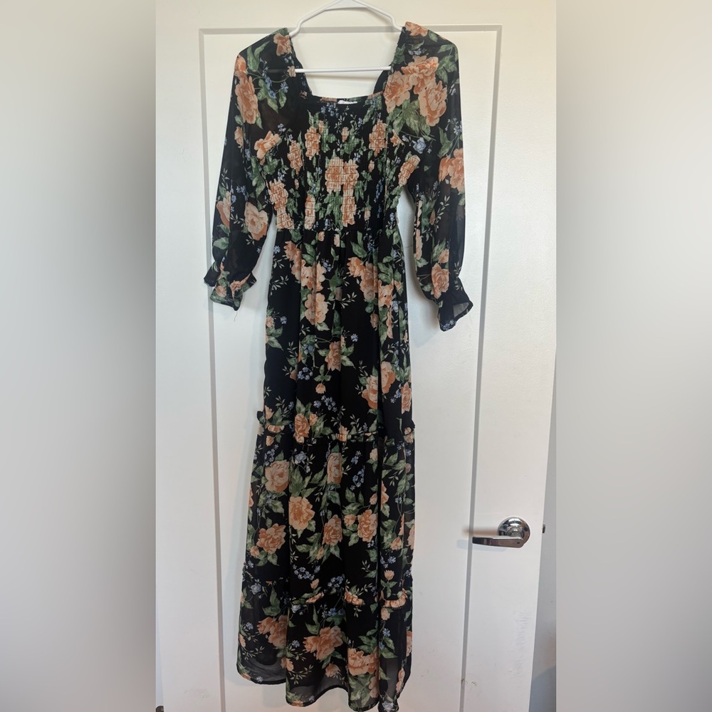 Black Floral Maxi Dress with Peach Blooms